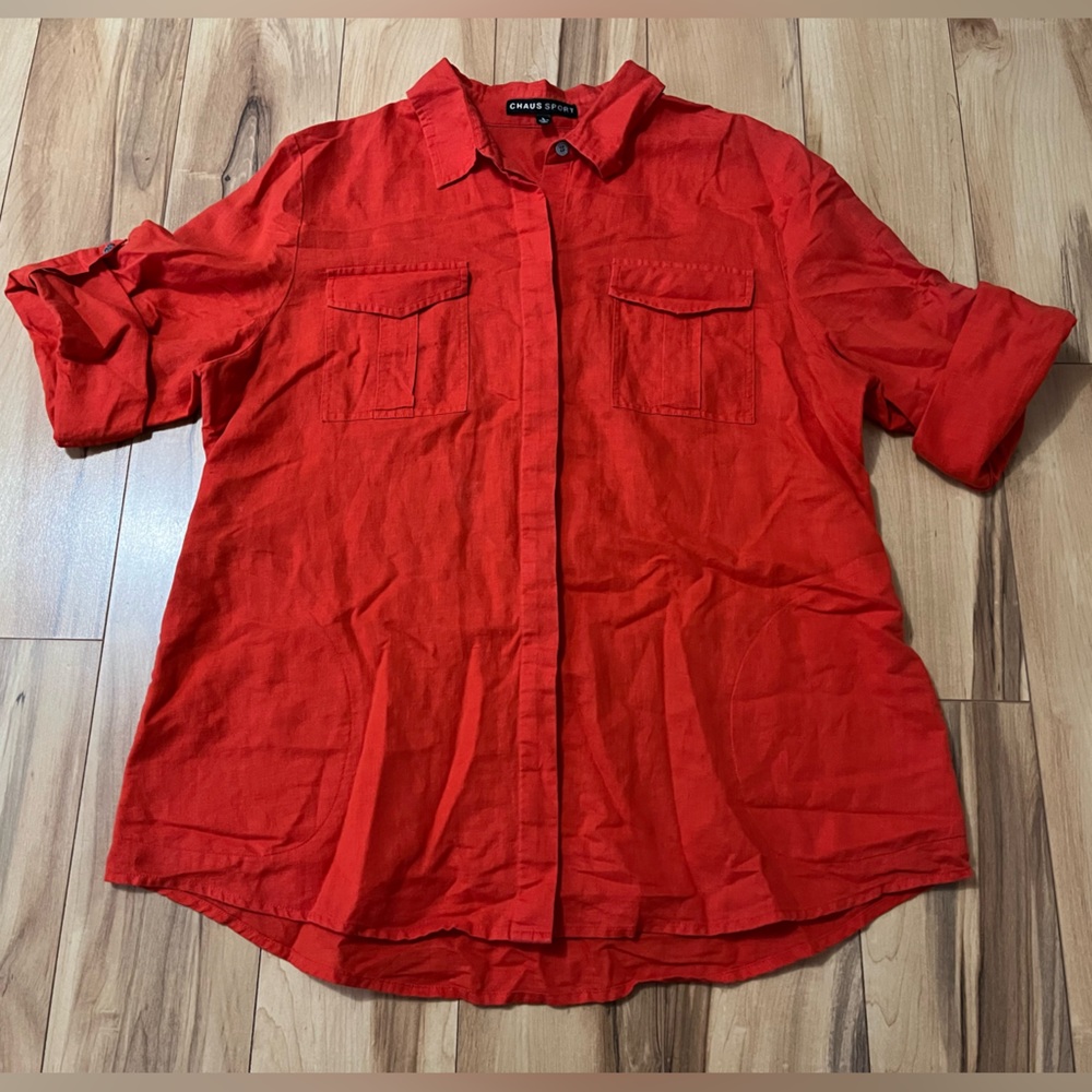 Women’s Linen Blend Button Up Blouse Pockets Red Large By Josephine Chaus Sport